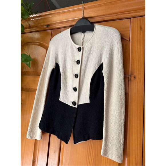 St. John Collection Colorblock Santana Knit Collarless Jacket Ivory & Black Sz 0 - Picture 2 of 14